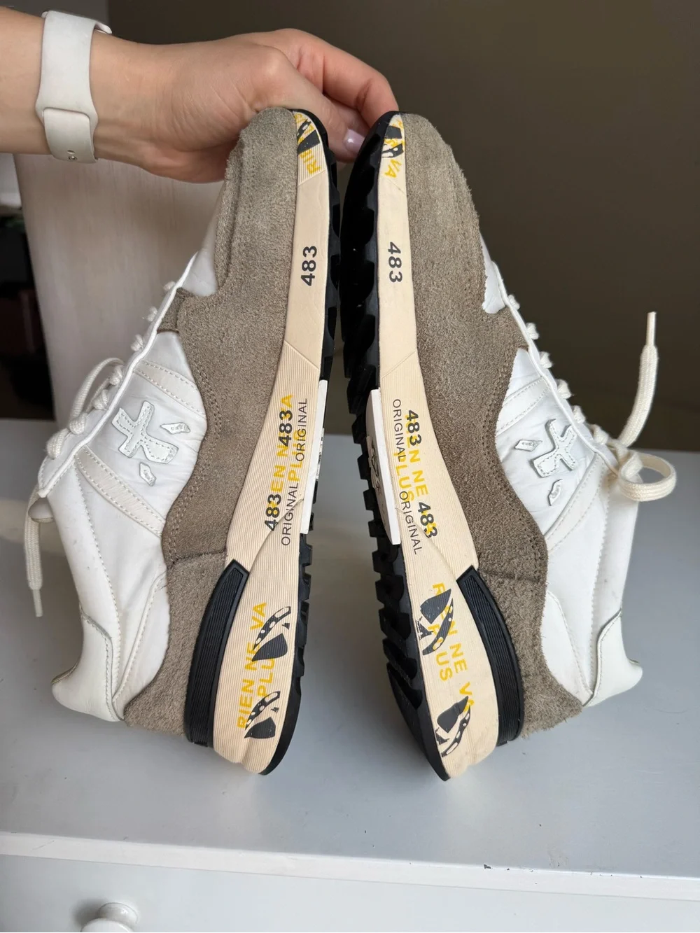 Premiata White & Taupe Suede Sneakers – Size 44